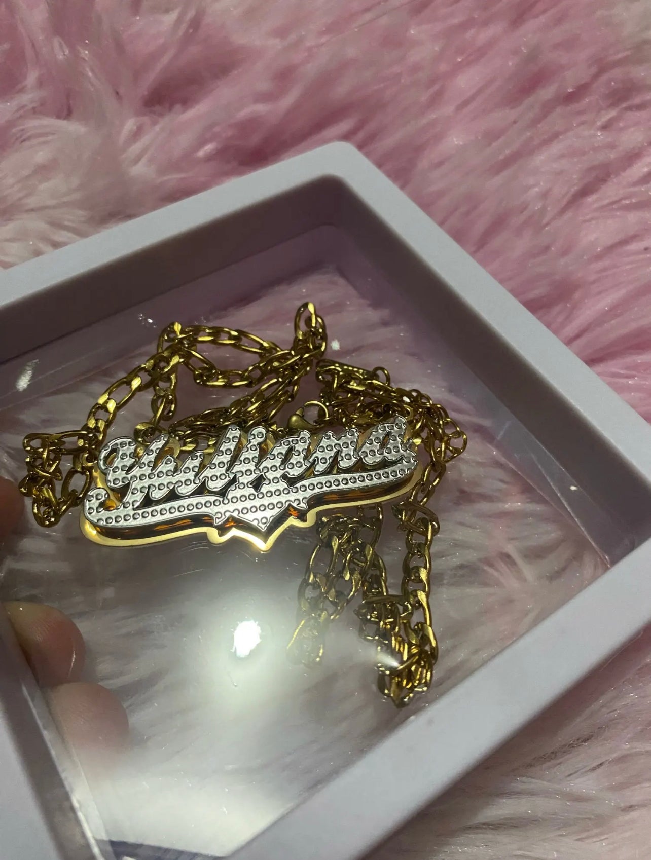 | 3D Custom Nameplate Necklace 18K Gold Plated Double Layer Two-Tone Personalized Name Necklaces With Heart Figaro Chain For Women