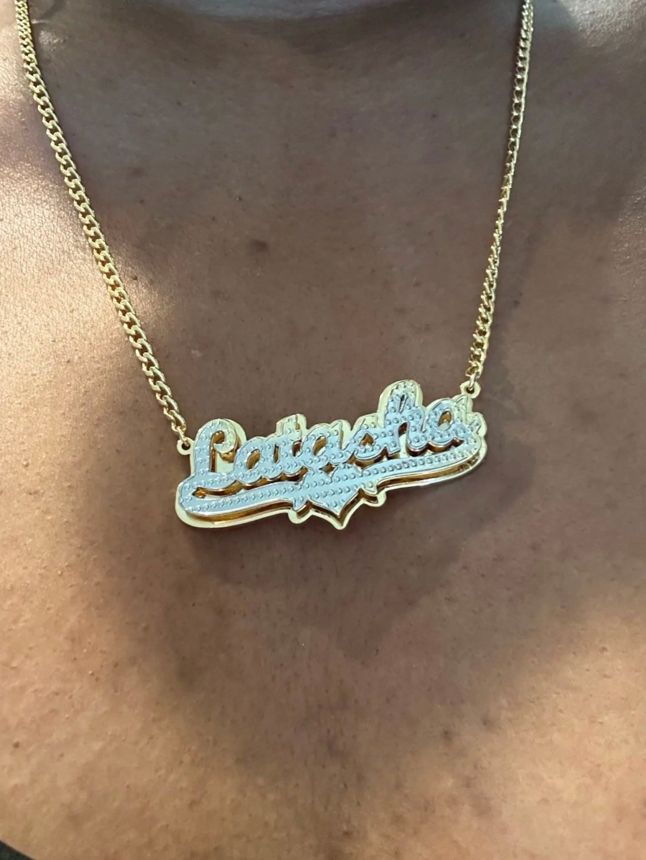 | 3D Custom Nameplate Necklace 18K Gold Plated Double Layer Two-Tone Personalized Name Necklaces With Heart Figaro Chain For Women