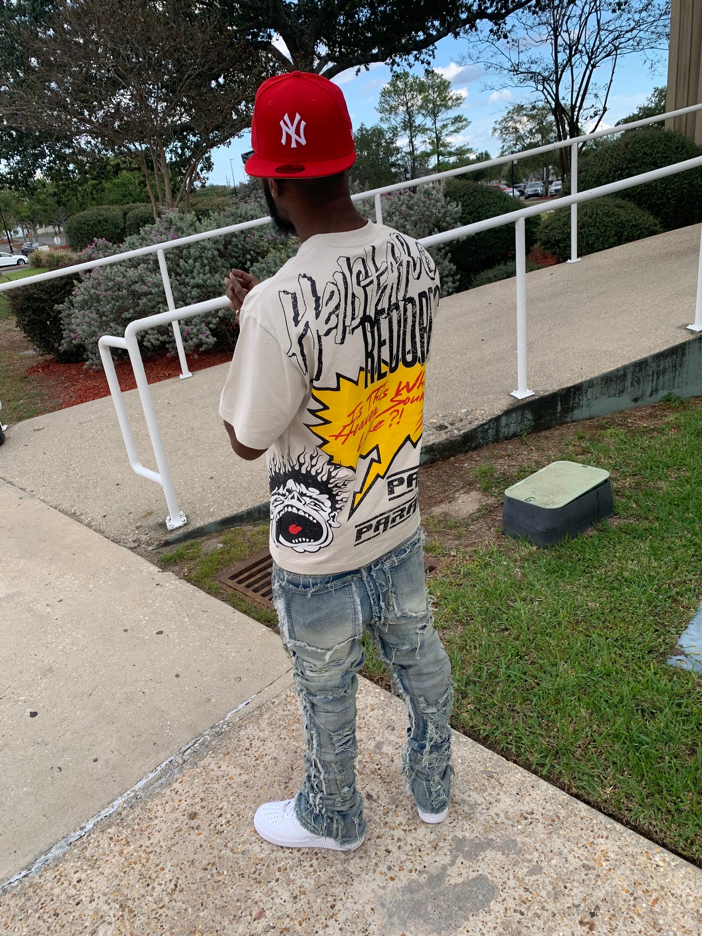 Celebrity shaggy stacked jeans