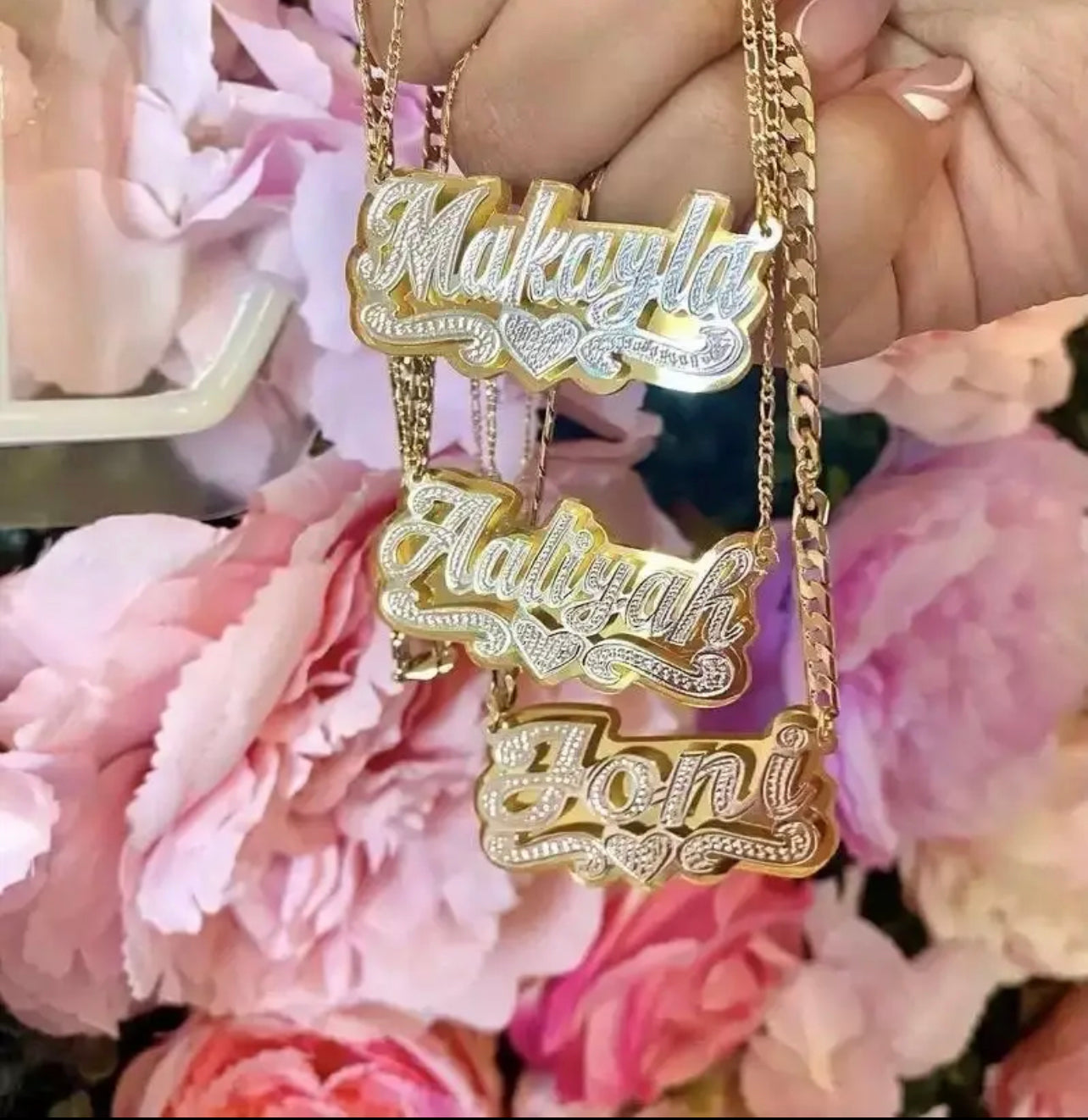 | 3D Custom Nameplate Necklace 18K Gold Plated Double Layer Two-Tone Personalized Name Necklaces With Heart Figaro Chain For Women