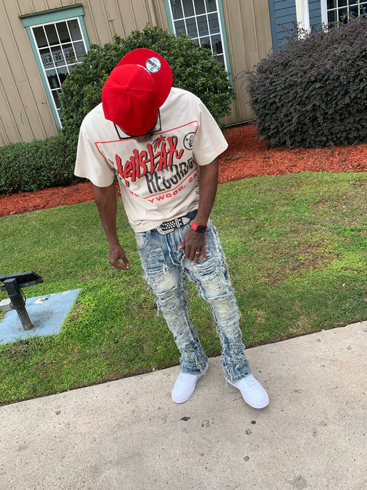 Celebrity shaggy stacked jeans